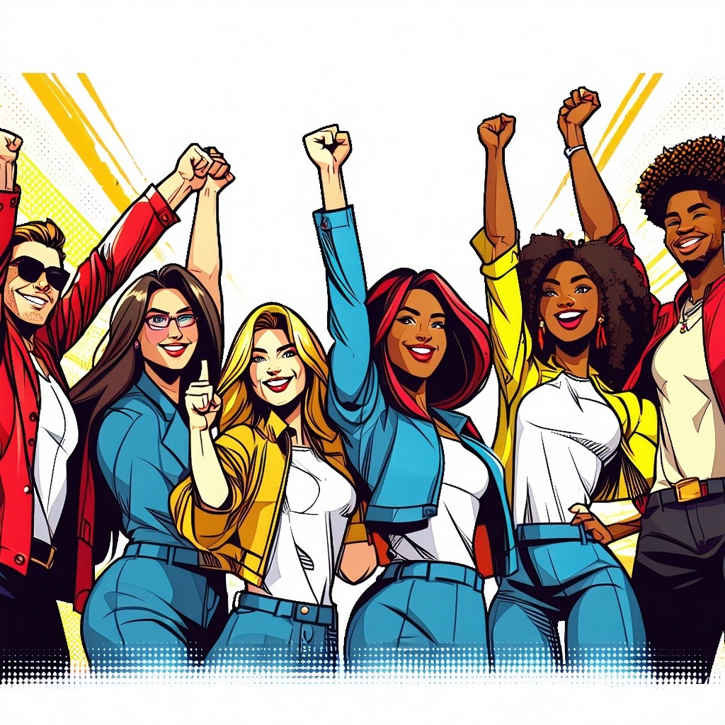 diverse team celebrates in a clip art cartoon style-2